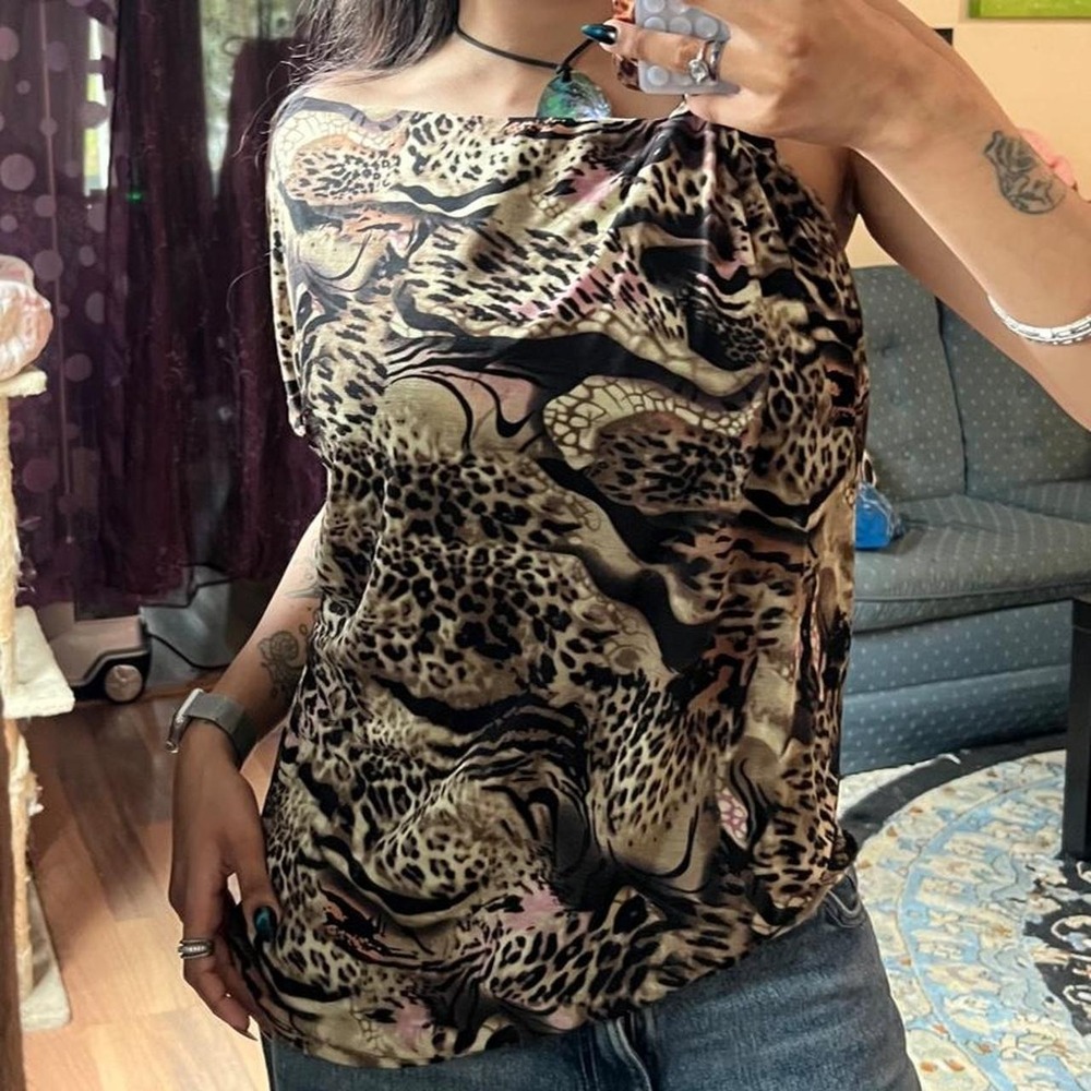 Tuscan Mom! Leopard Print Asymmetrical Neck Top